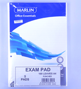 Marlin A4 Exam Pad Punched 100 page 5 pack